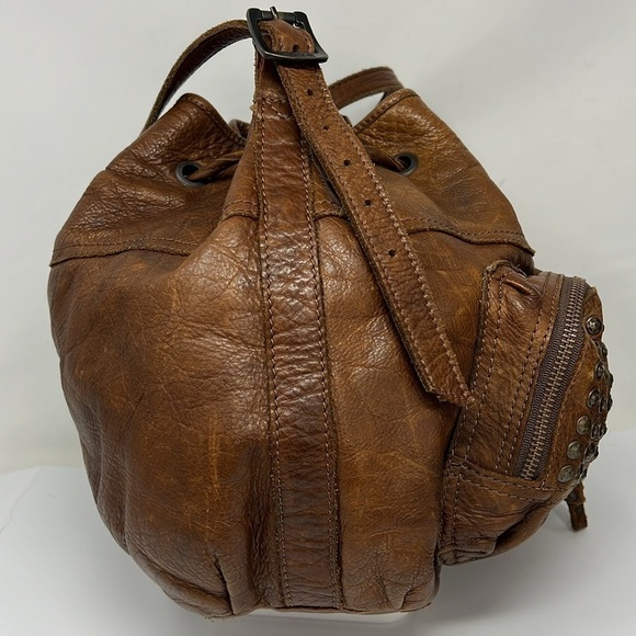 Frye Brooke Studded Drawstring Bucket Bag Purse Brown Leather Shoulder Bag - Picture 7 of 12